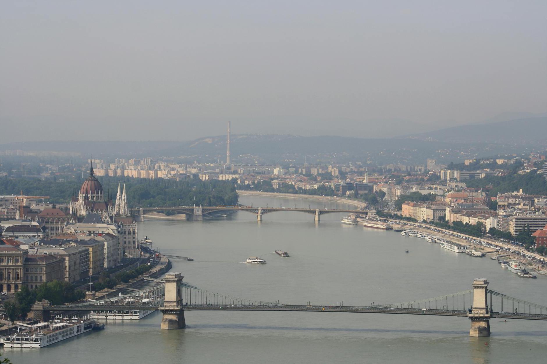 Panoramic View of Bridges on Danube River in Budapest Hungary