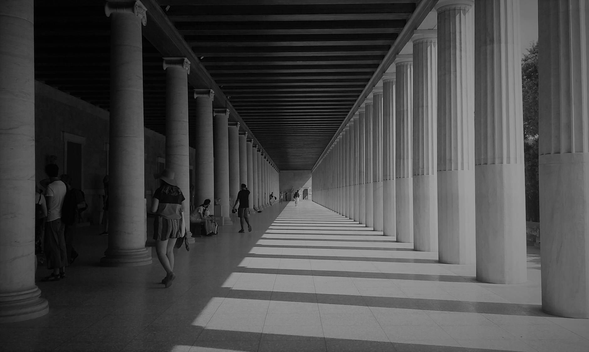 Symmetrical View of the Stoa Attalosa Interior in Athens, Greece 