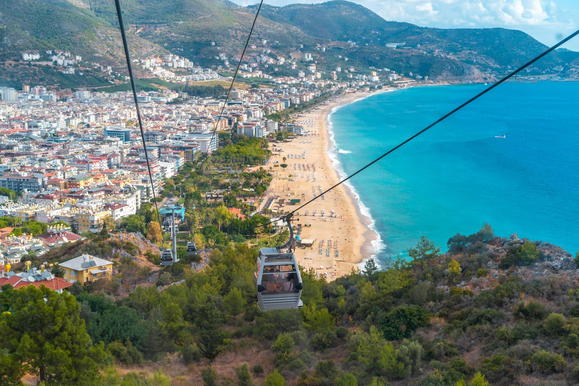 Cable Car and the View of the Cleopatra Beach from the Hill in Alanya, Turkey