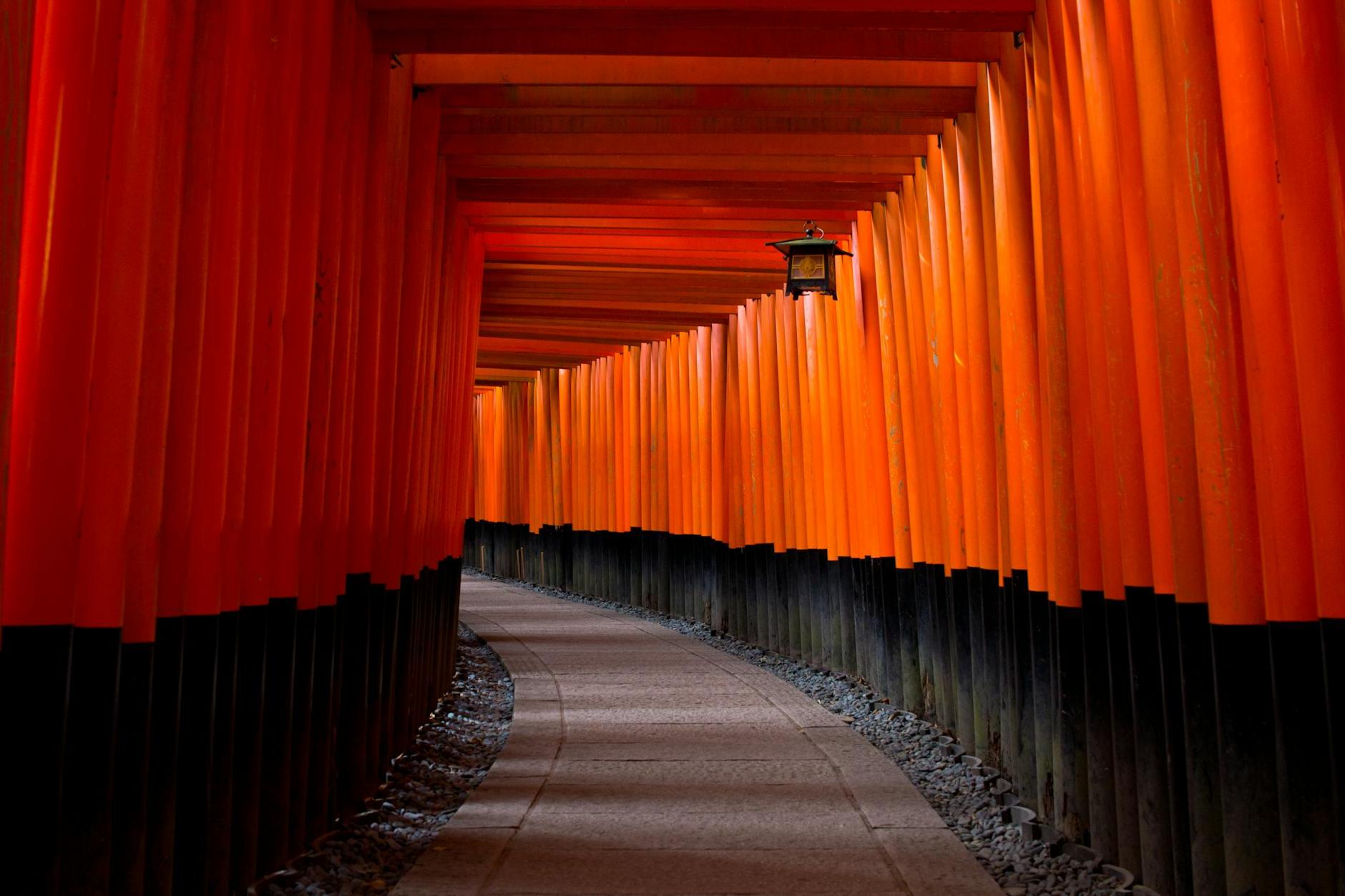 Gray Concrete Pathway Between Red-and-black Pillars