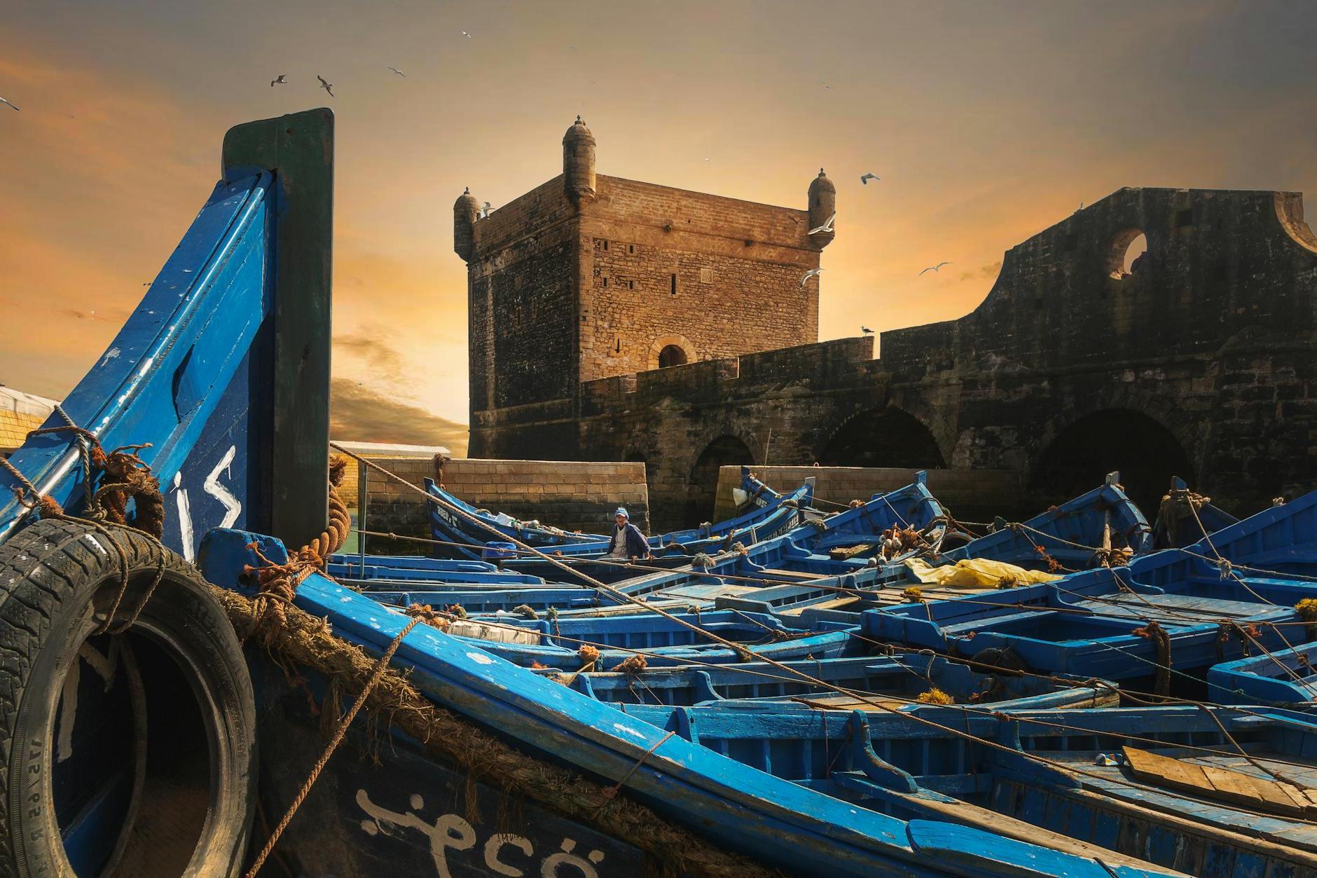 Boats Moored in the Sqala Du Port, a Defensive Tower in Essaouira, Morocco