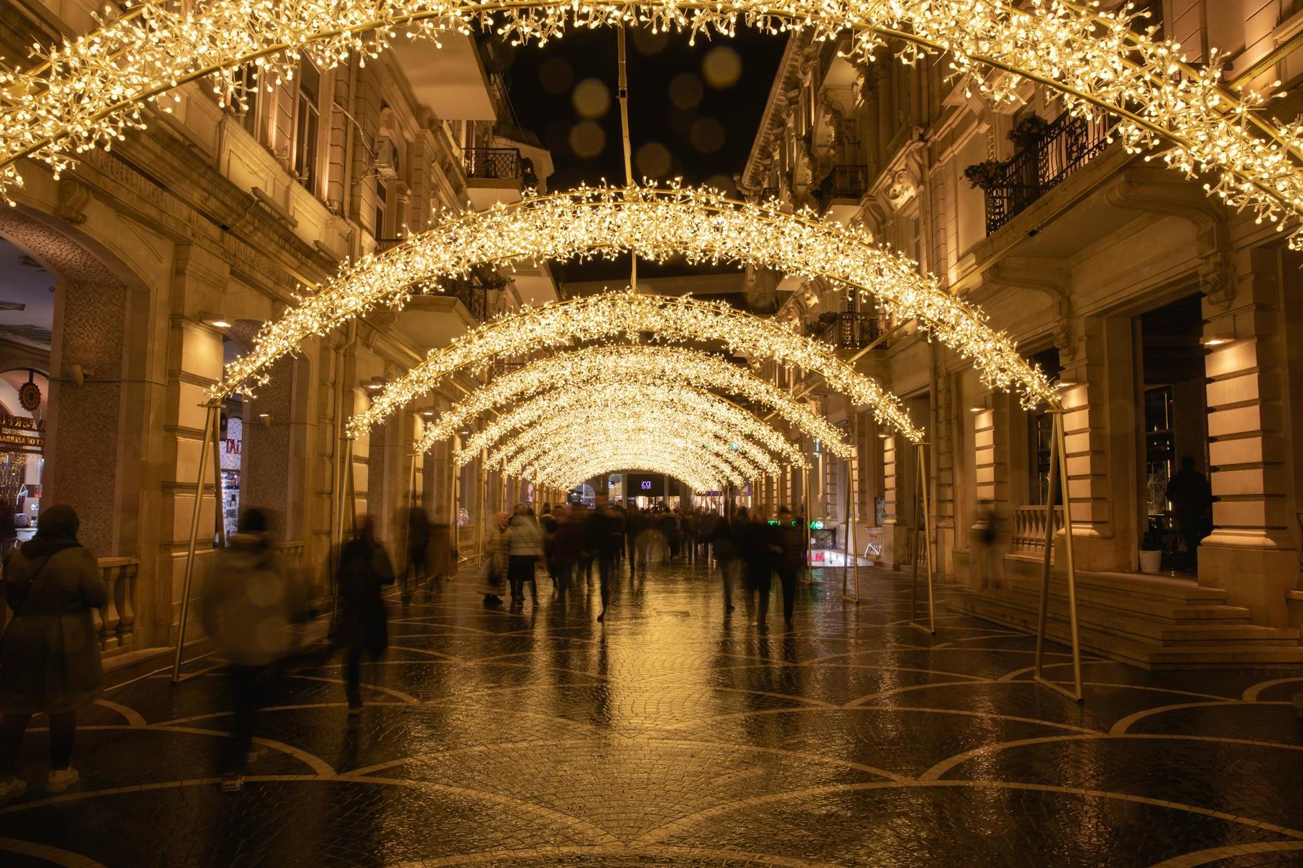 Fairy Lights Over the Street with People