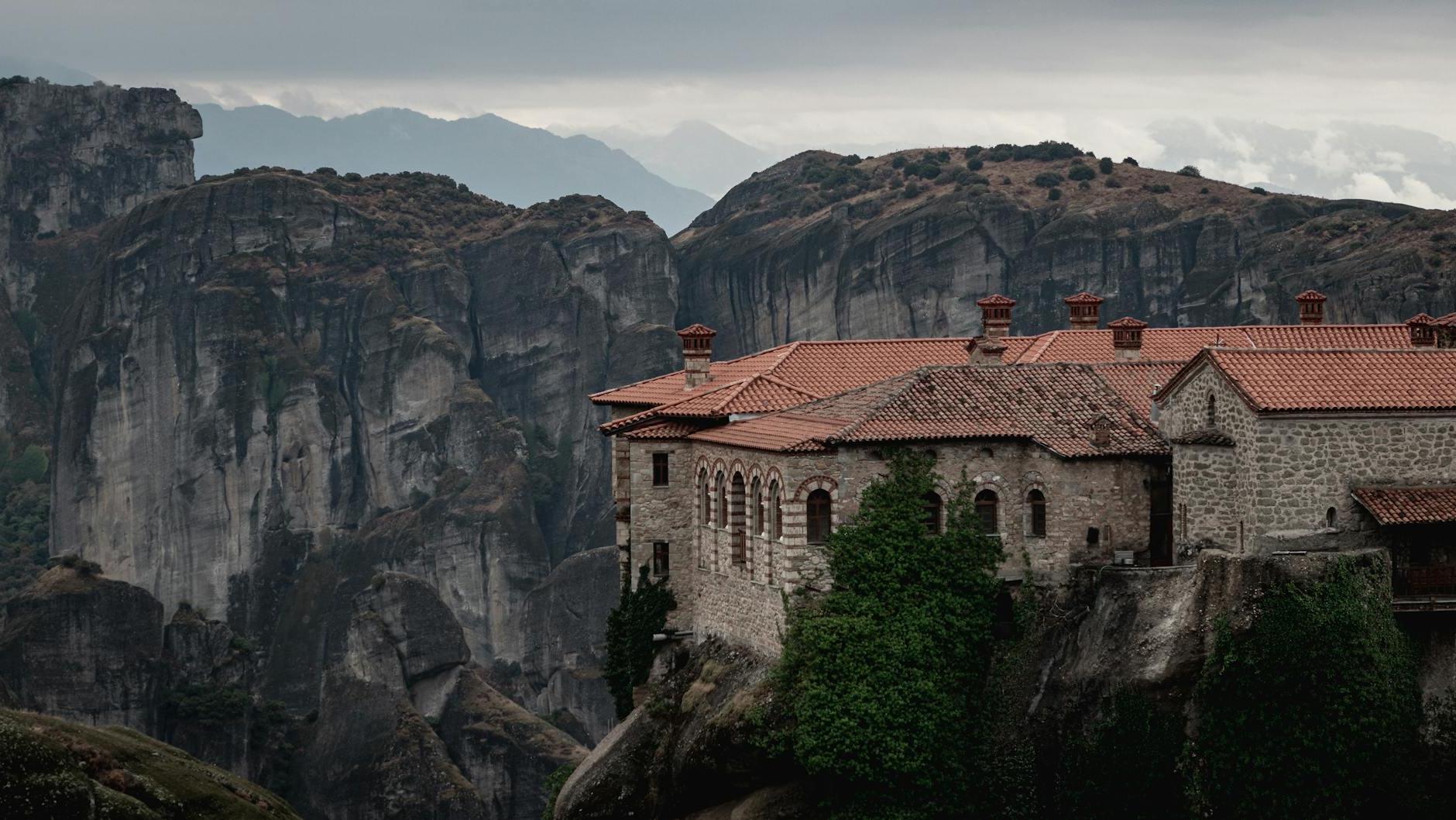 Monastery of St. Varlaam with Tall Cliffs in the Background