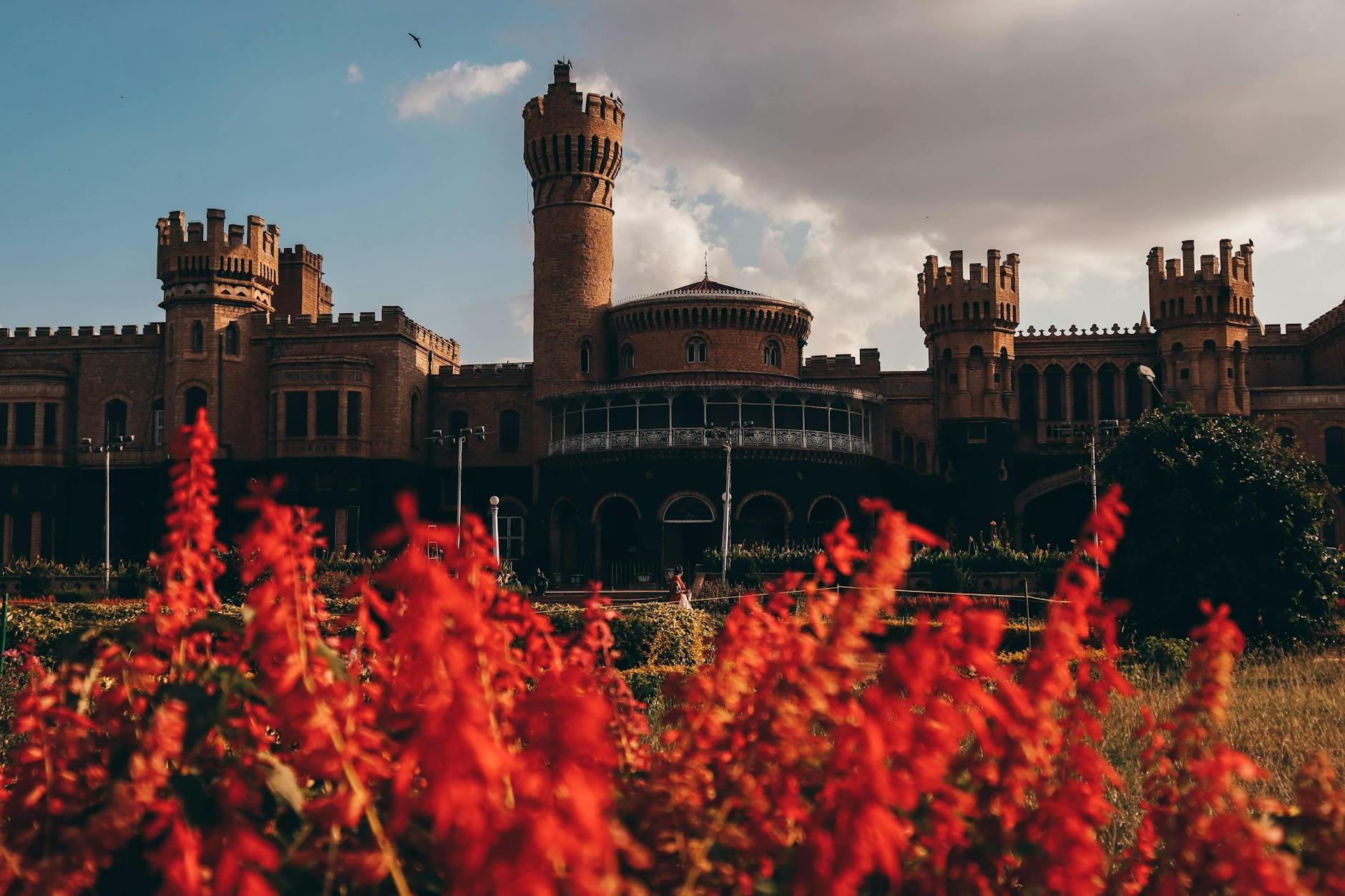 A Palace Behing Clusters of Red Flowers