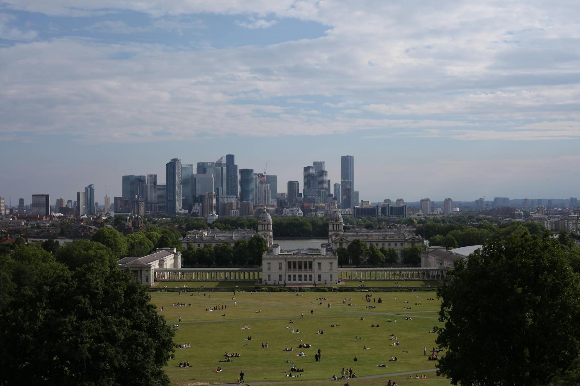 Panoramic View of the Greenwich Park and Skyscrapers in the Background in London, England, UK 