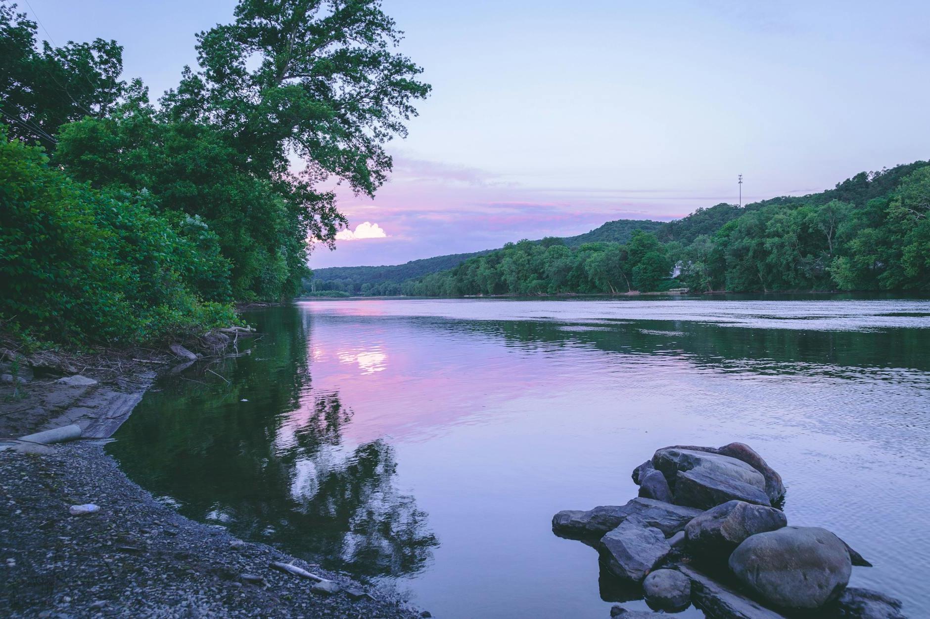 Calm Body of Water Near Rocks and Trees during Day