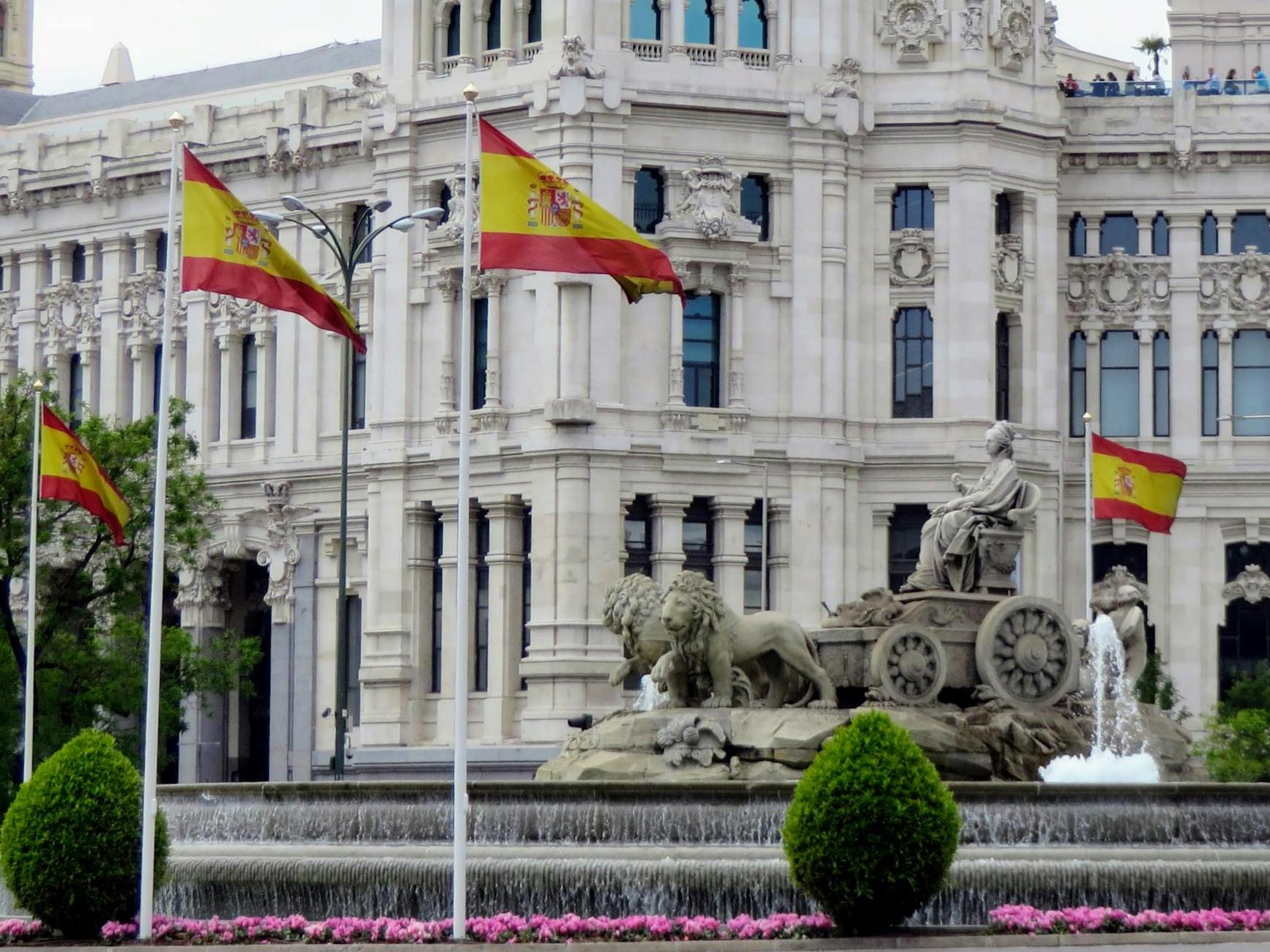 Cibeles Fountain in front of the Palace of Communications in Madrid, Spain 