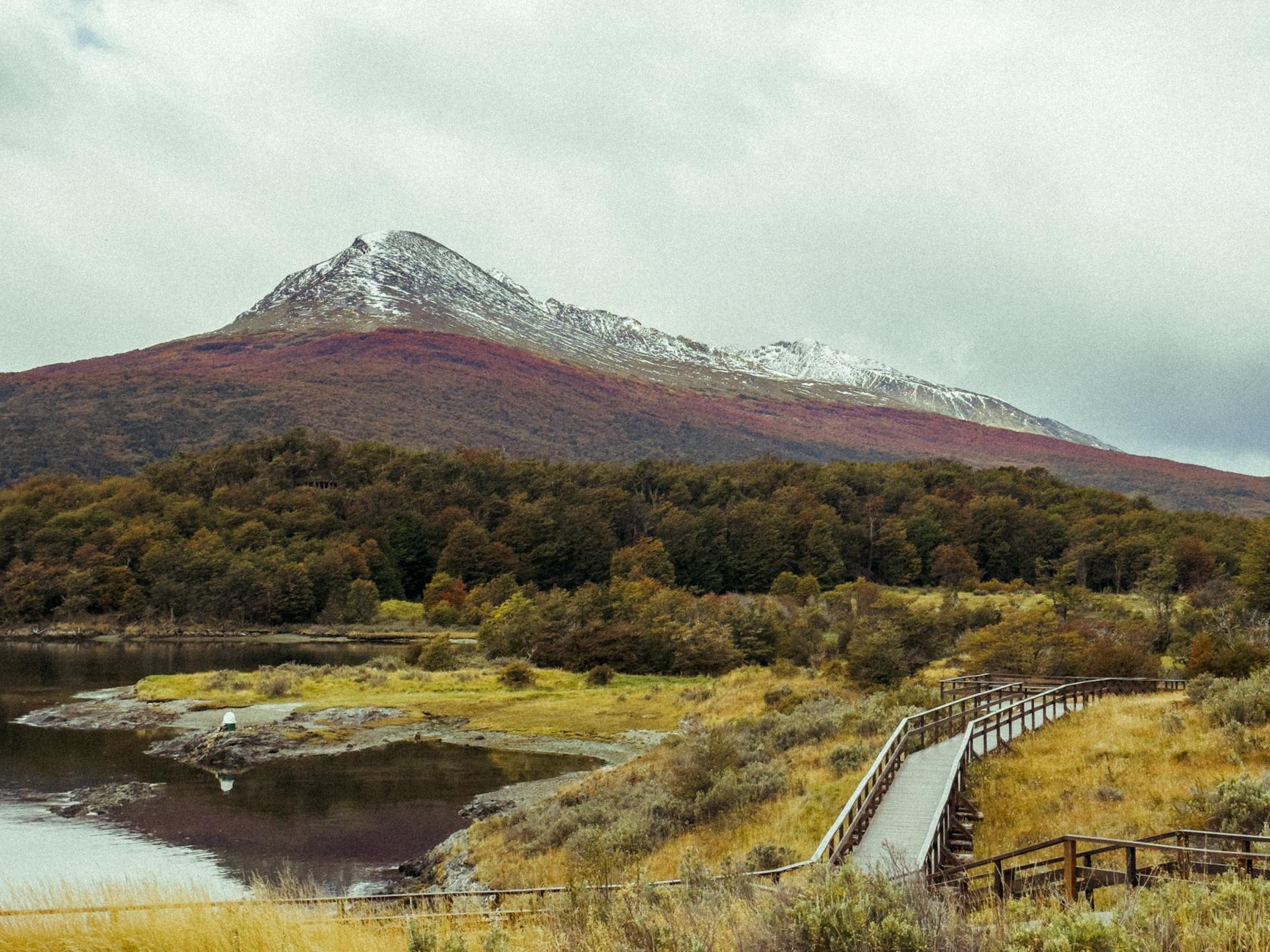 A Wooden Trail and the Landscape of a Mountain in Ushuaia, Argentina