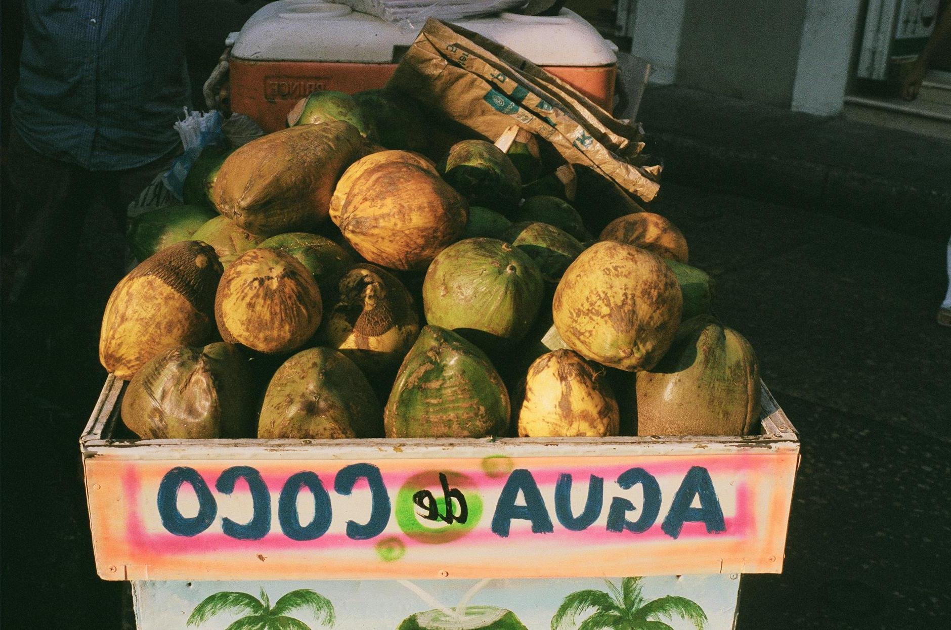 Fresh Coconuts in Box at Market in Cartagena, Colombia