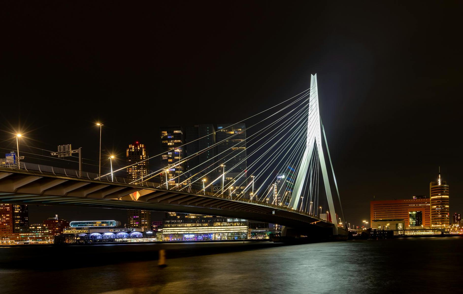 Illuminated Erasmusbrug in Rotterdam at Night