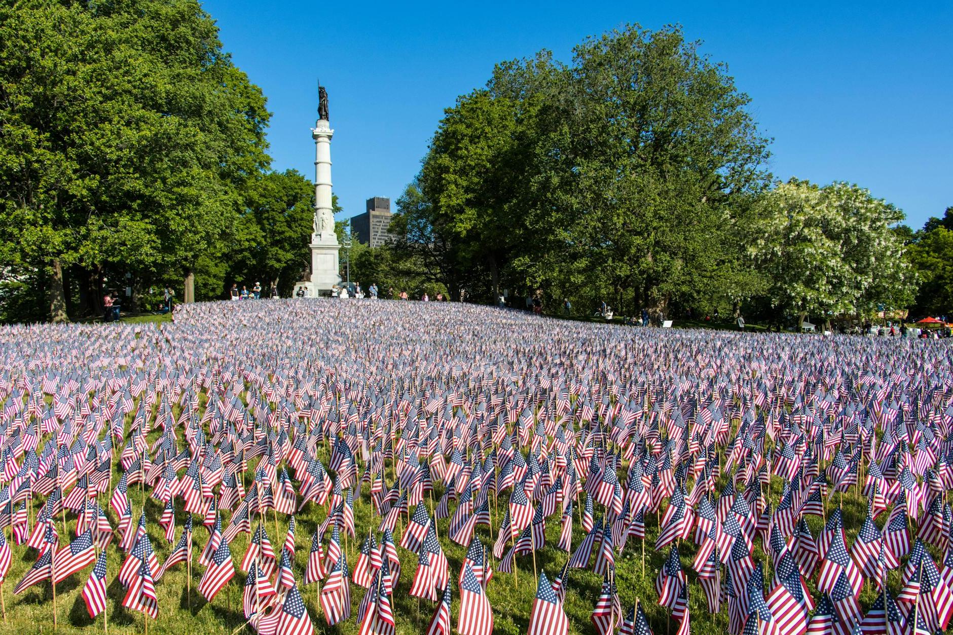 Large Number of American Flags in Front of the Soldiers and Sailors Monument in Boston Common