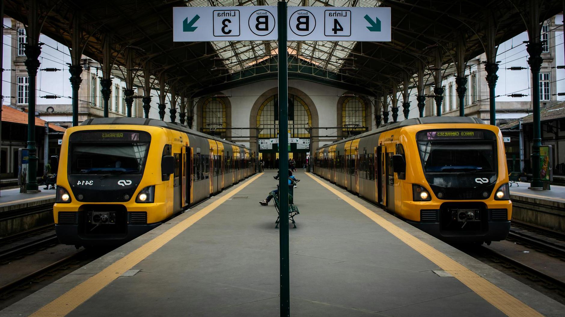 View of Passenger Trains at the Sao Bento Railway Station in Porto, Portugal 