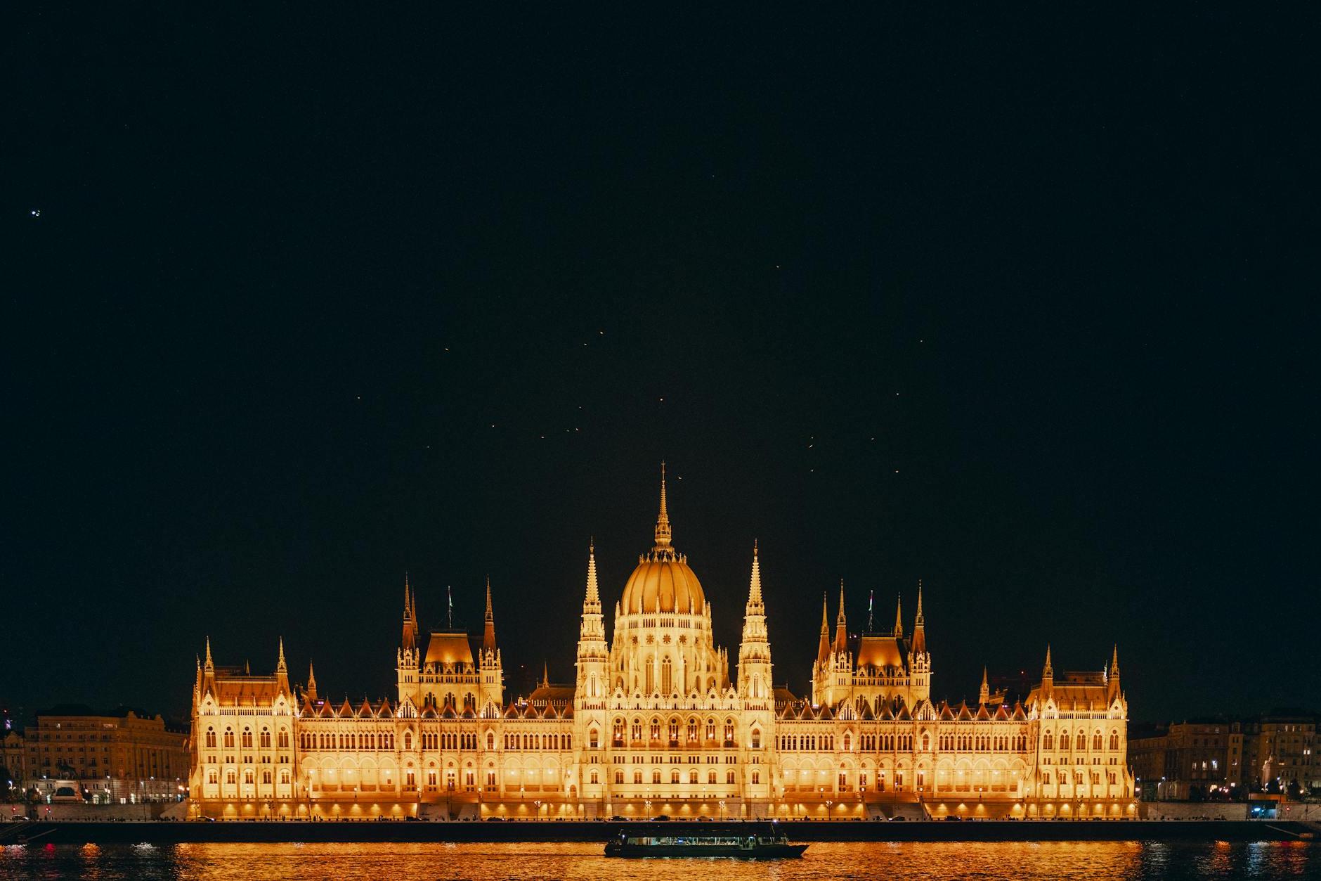 Hungarian Parliament Building Illuminated at Night