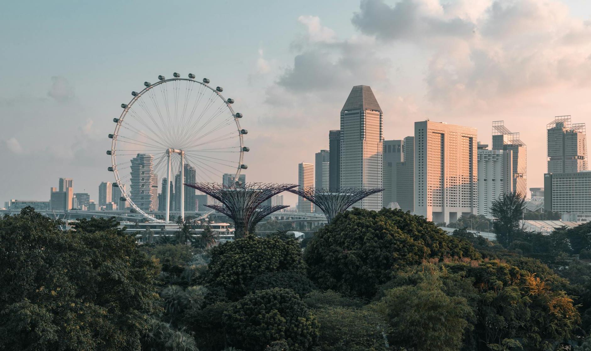 Skyline of Singapore with View of the Singapore Flyer at Sunset