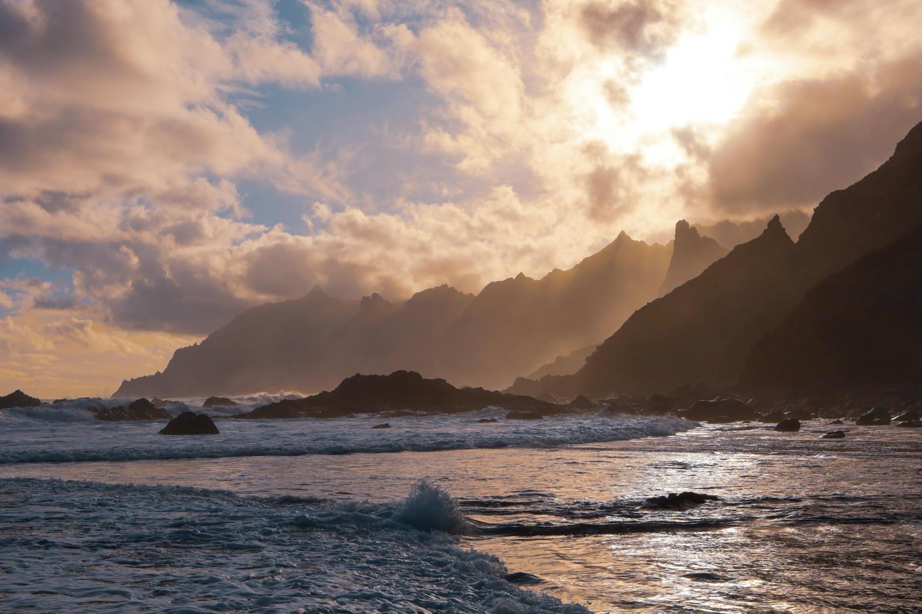 Foamy Ocean Waves Splashing on a Beach on Tenerife Island