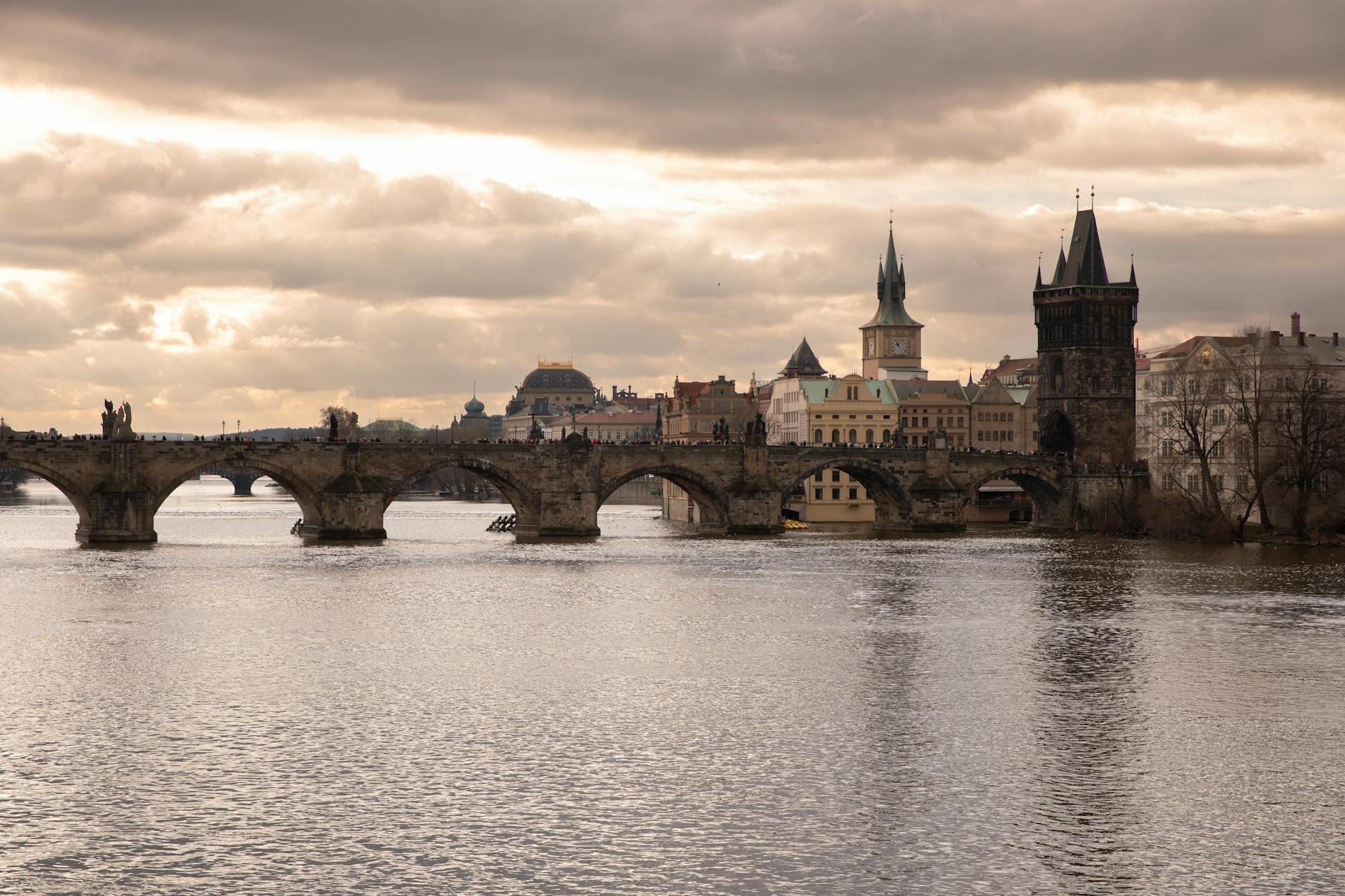 View of the Charles Bridge over the Vltava River in Prague, Czech Republic