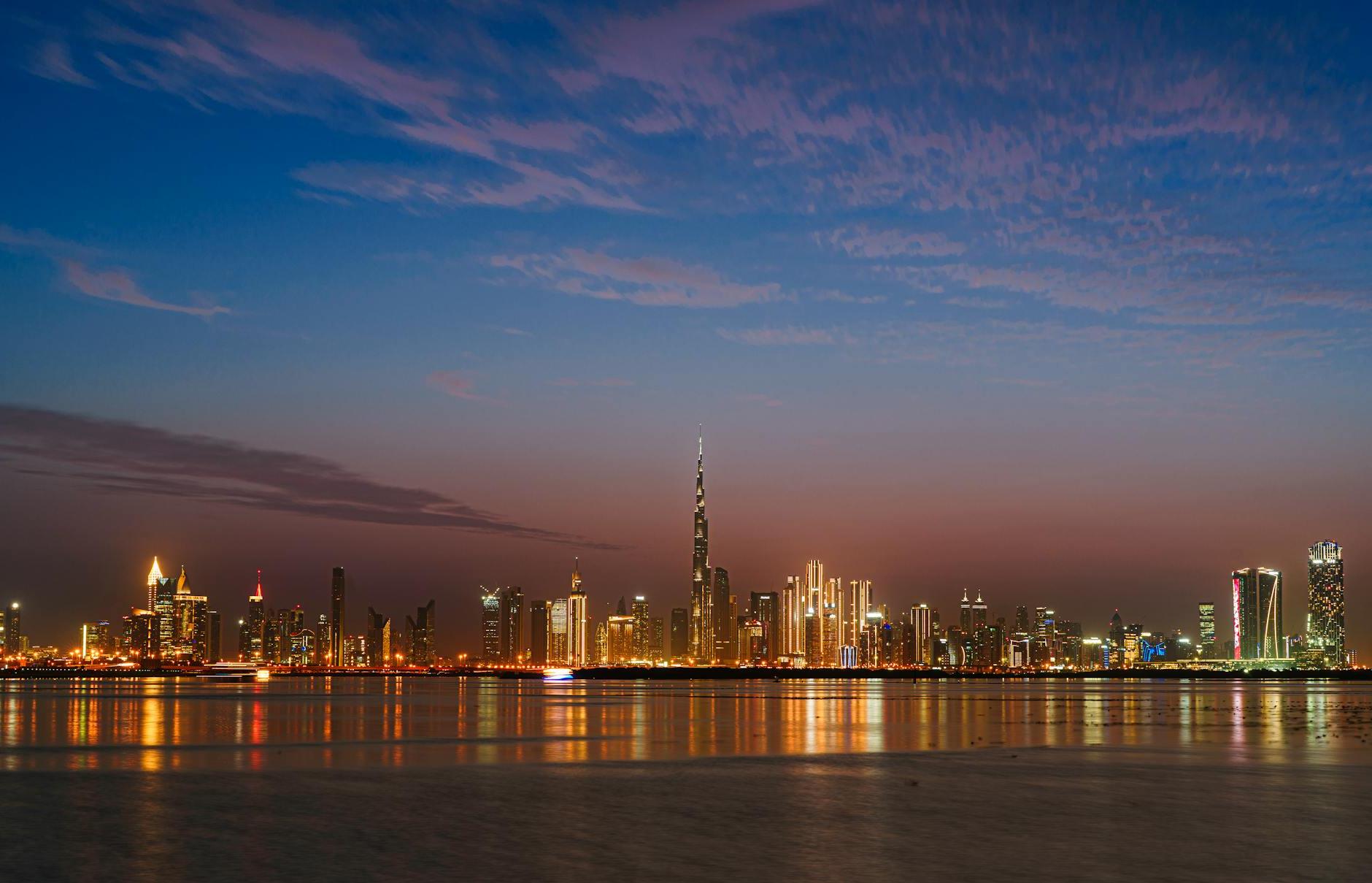 Illuminated Downtown of Dubai with Burj Khalifa