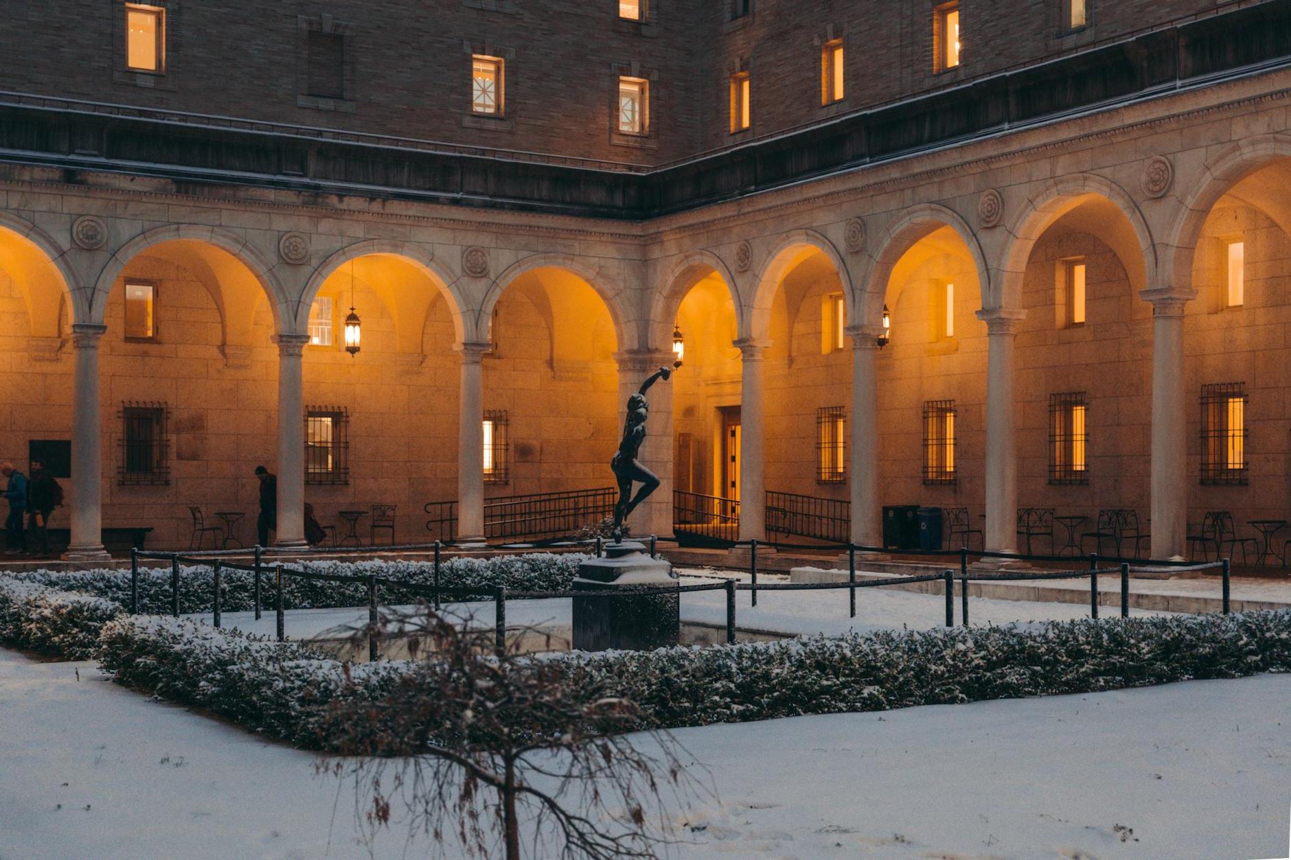 Bacchante Statue in a Courtyard of Boston Public Library in Winter