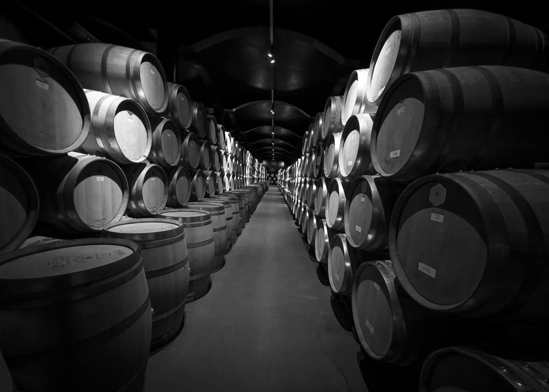 A black and white photo of barrels in a cellar