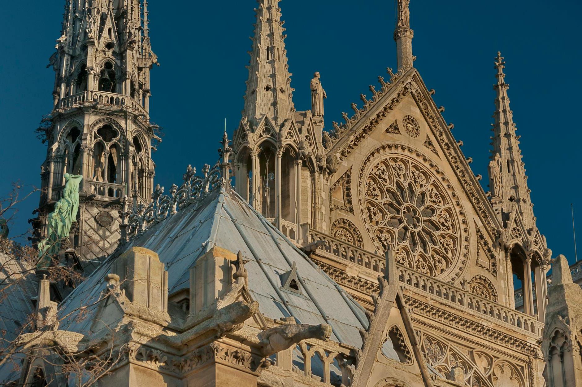 The rose window and flèche on Notre-Dame’s southern facade