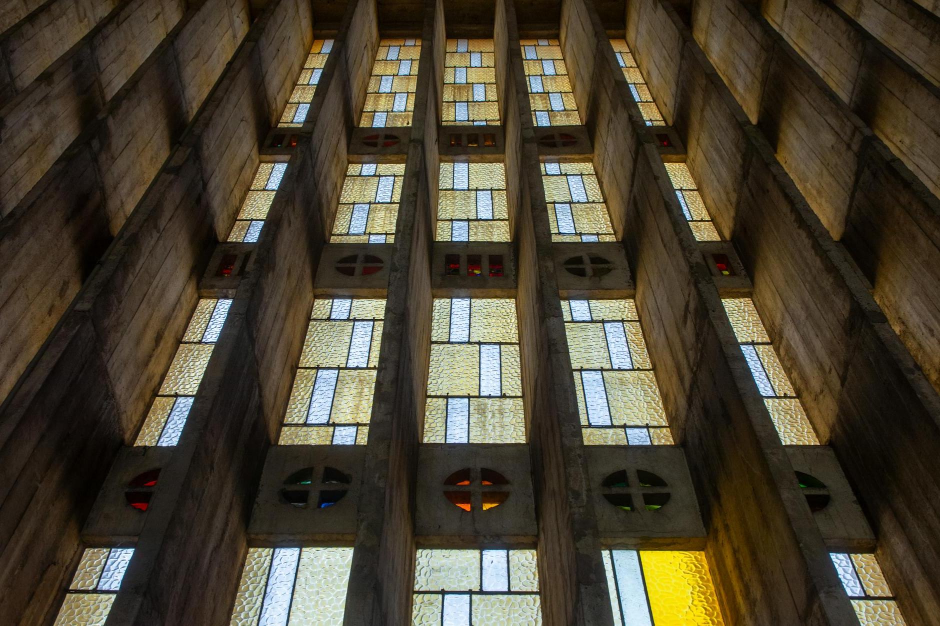 The stained glass windows of a cathedral