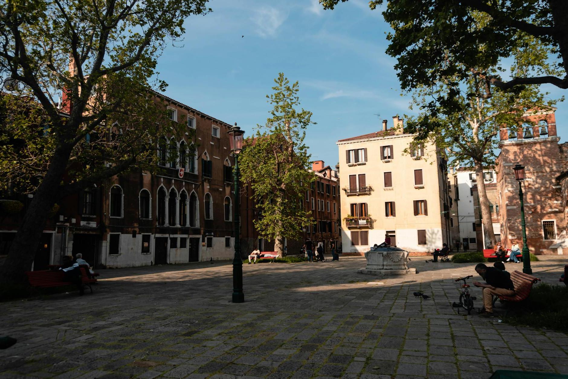 A city square with benches and trees in the background