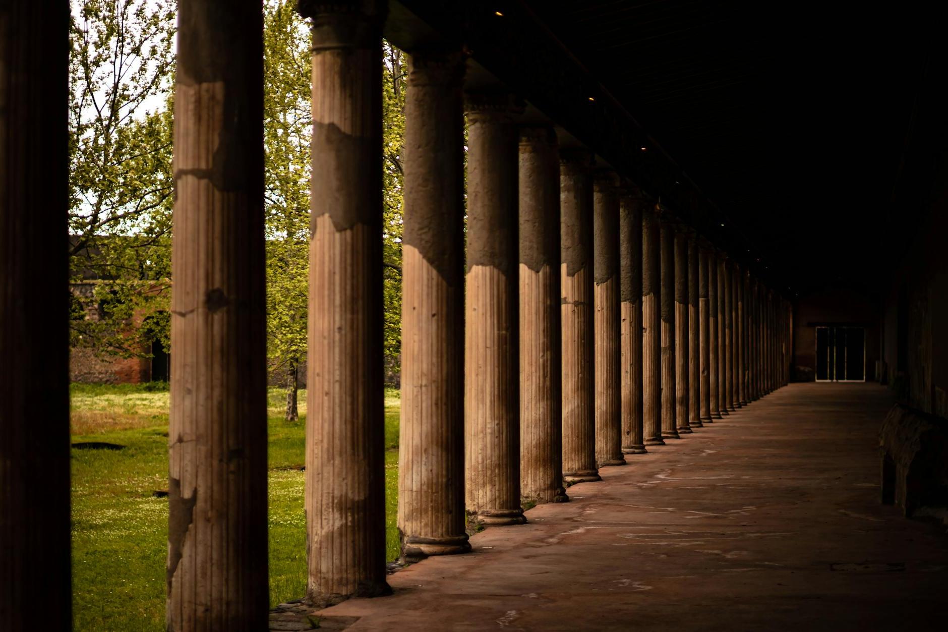 A long walkway with columns and trees