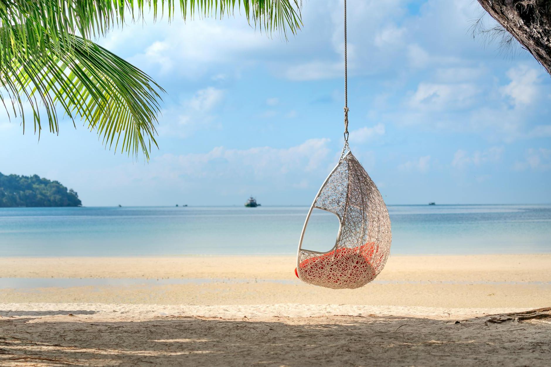 Amazing view of cozy wicker egg chair hanging on palm above sandy beach against endless blue sea in tropical resort