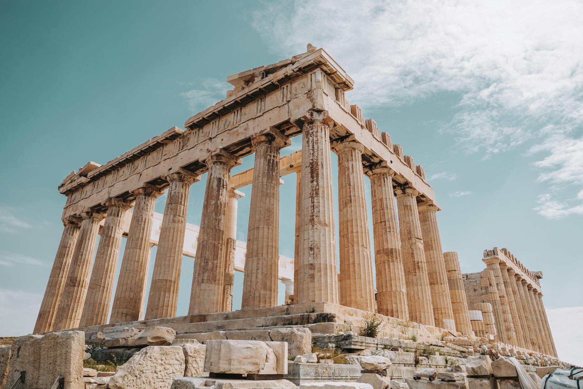 From below of Parthenon monument of ancient architecture and ancient Greek temple located on Athenian Acropolis