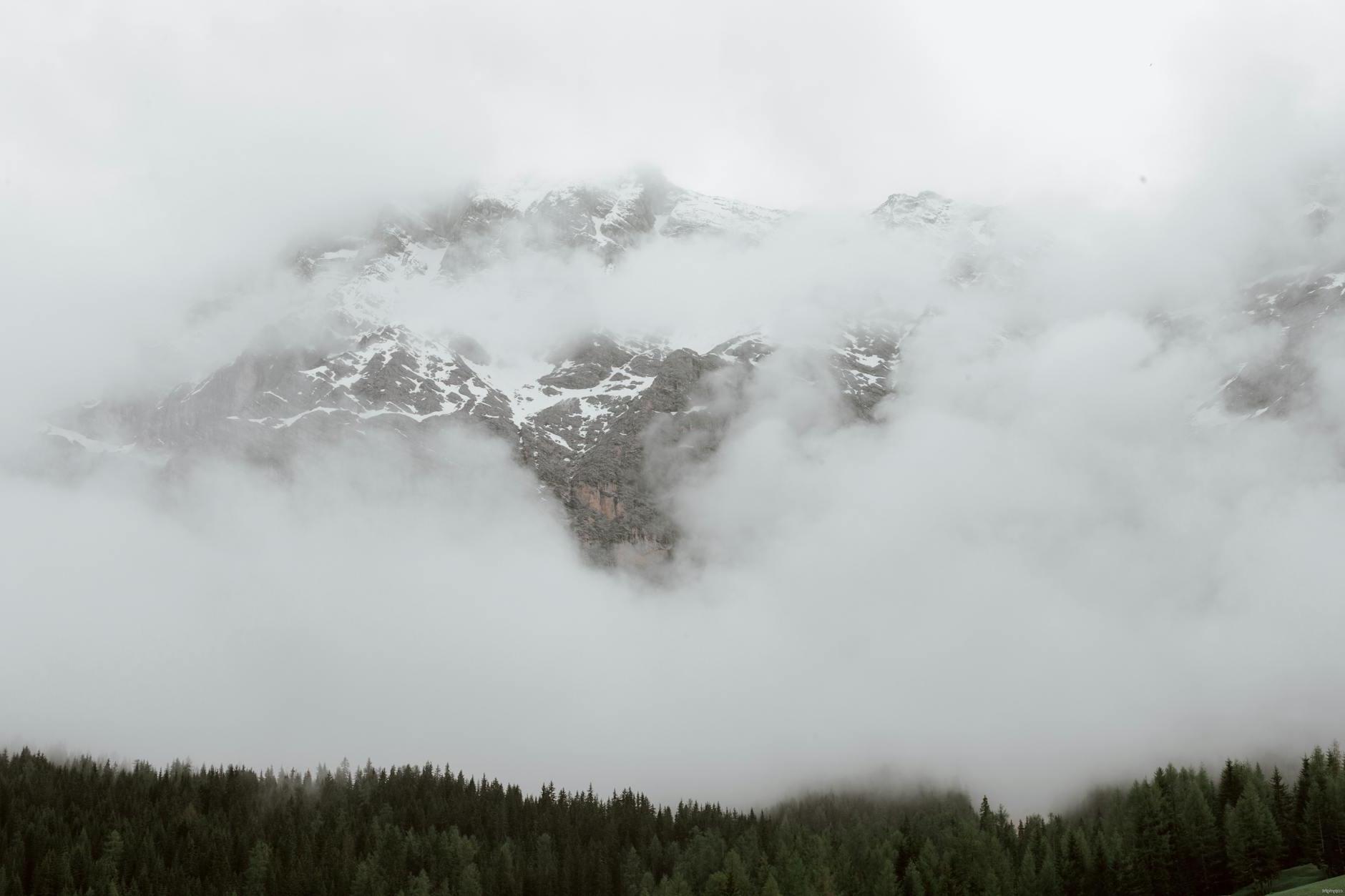 Mountain ridge in clouds with forest in front