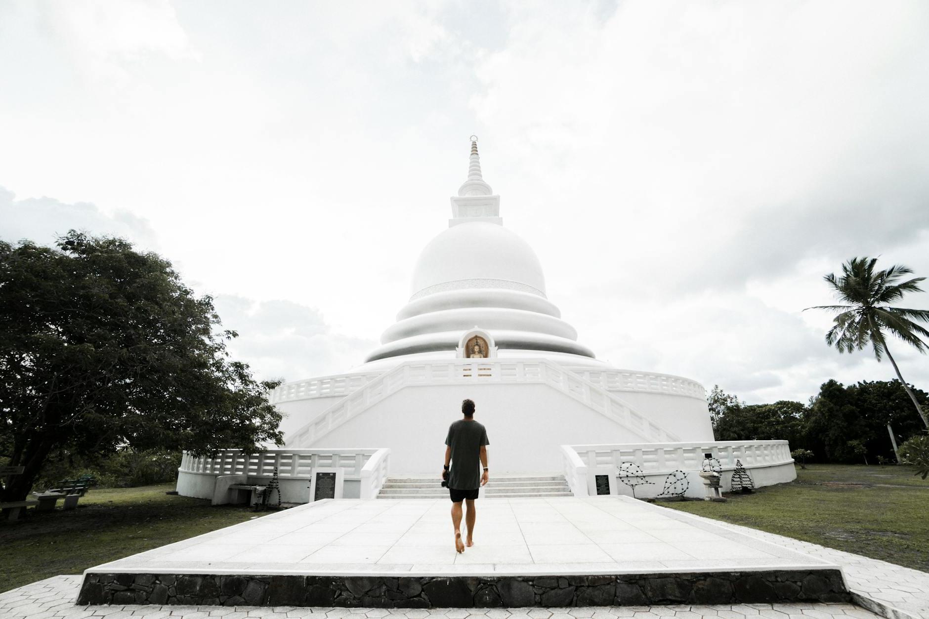 Unrecognizable man walking towards Japanese Peace Pagoda