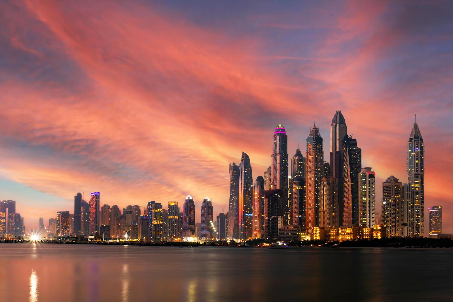 Amazing Dubai Marina Skyline at Sunset, United Arab Emirates