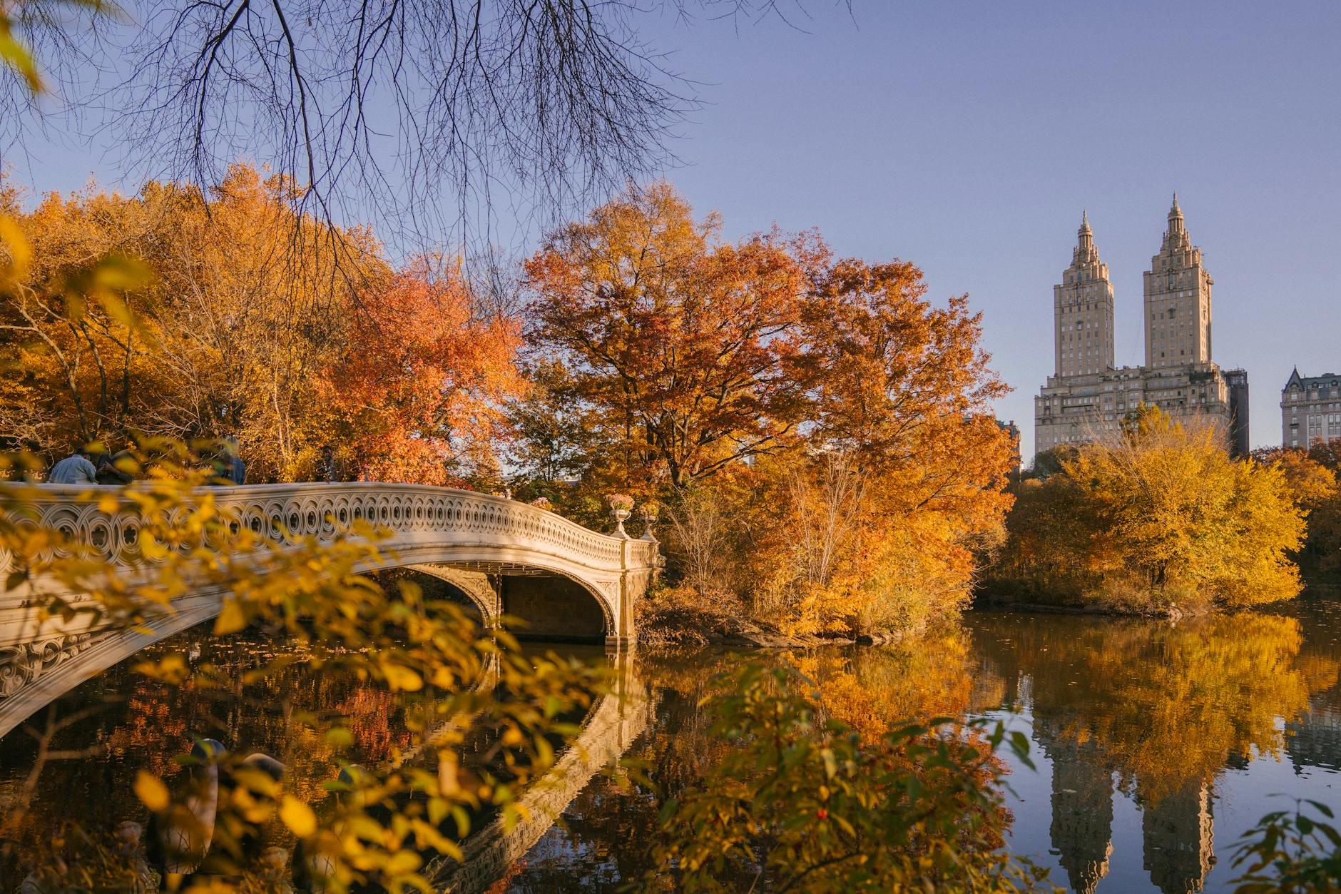 Bow Bridge crossing calm lake in autumn park