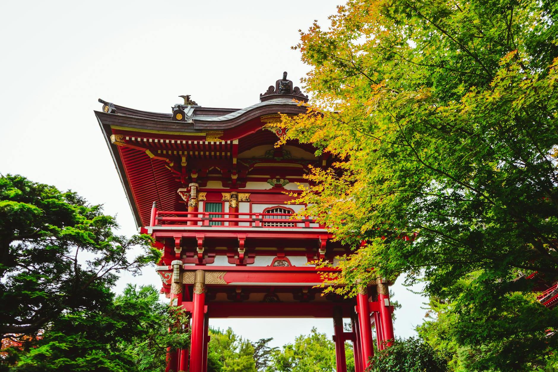 Low angle exterior of traditional aged red Asian temple surrounded by lush green trees in Japanese Tea Garden located in San Francisco on sunny day