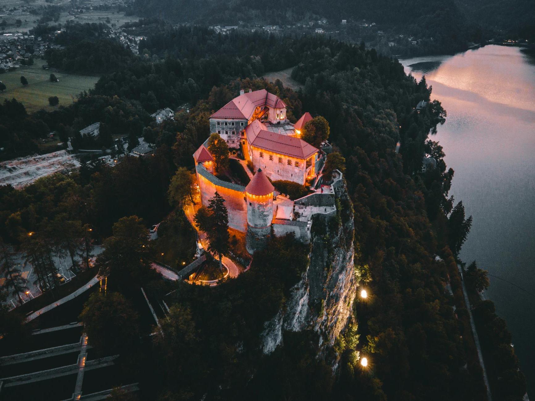 Aerial View of a Castle at Dusk