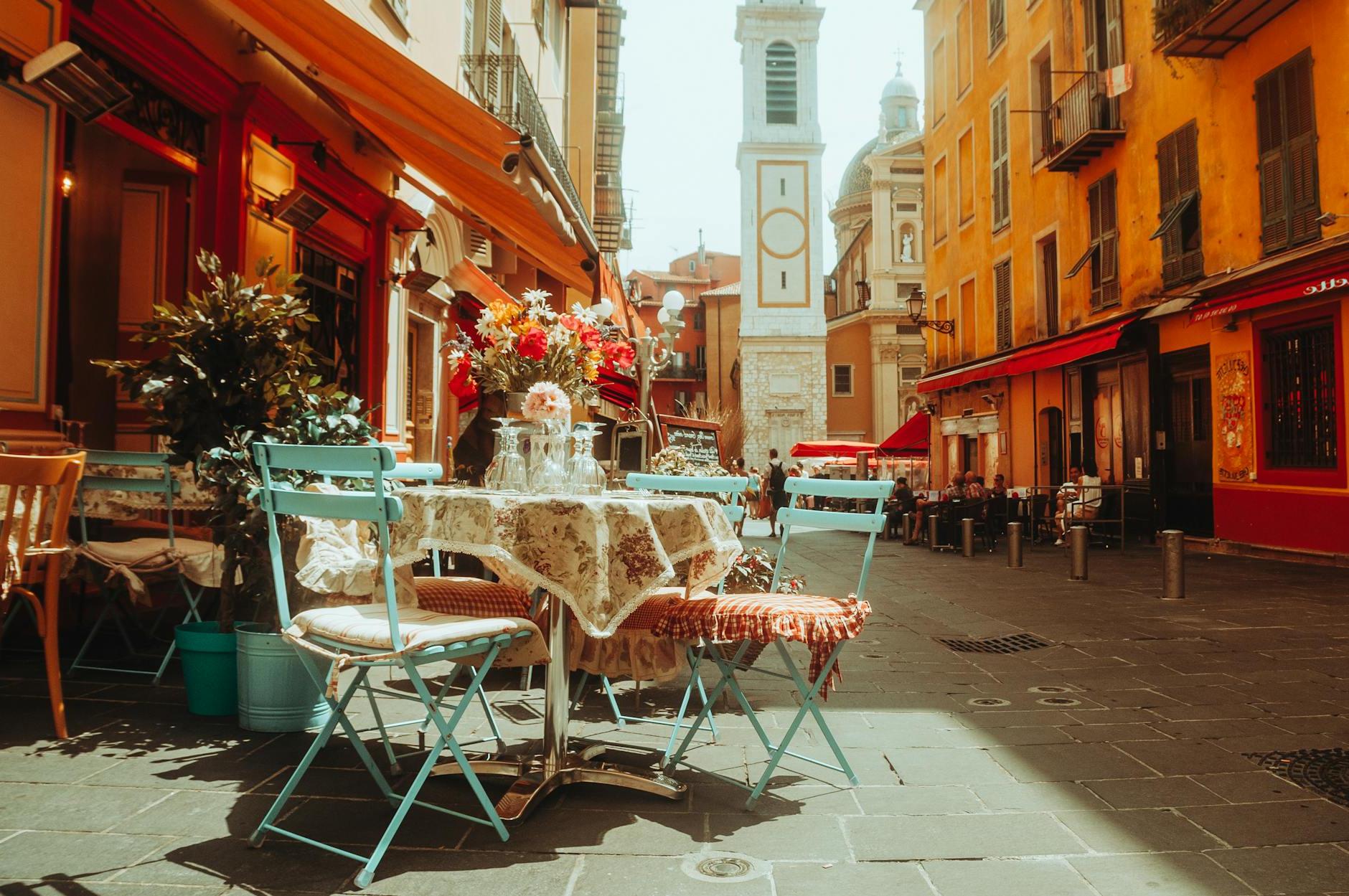 Flowers on Table on Street in Nice, France