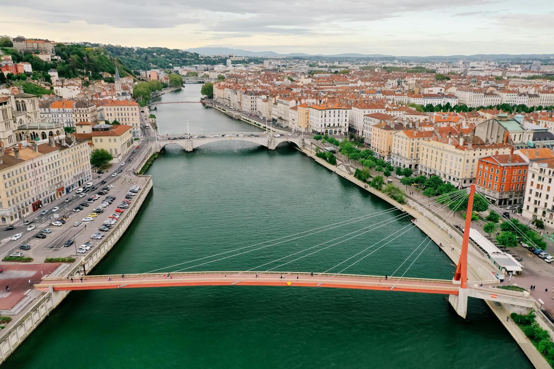 Ariel View of Palais de Justice Footbridge Above Saone River in Lyon, France