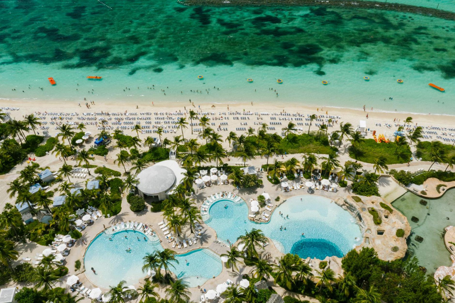 Birds Eye View of Swimming Pools at a Beachfront Resort
