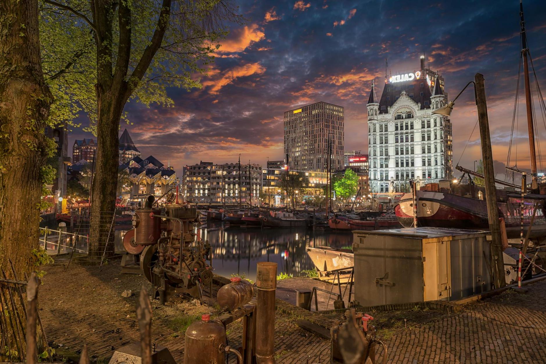 Buildings and Canal in Roterdam, Netherlands in Evening